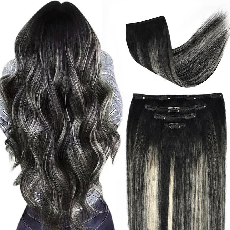 20 Clip in Hair Extensions Remy Human Hair Black Balayage Silver for Women  Silky Straight 100 Real Human Hair 75grams 4pieces 1BTSilverP1B Color